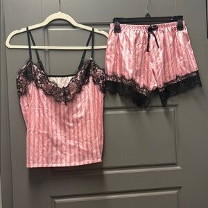 Pink striped black lace pajama set shorts and spaghetti straps tank top